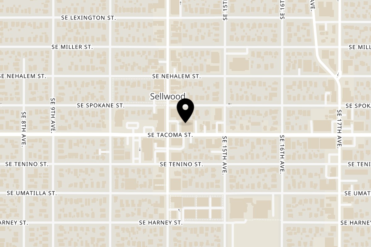 Map showing the location of Henry Higgins Boiled Bagels Tacoma St on 1325 SE Tacoma St in Portland